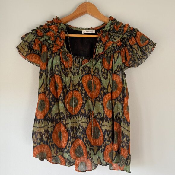 Ulla Johnson Flutter Blouse in Green, Orange and Metallic Print - Picture 2 of 4
